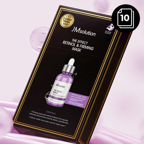 JM Solution retinol and firming mask packaging on a pink background