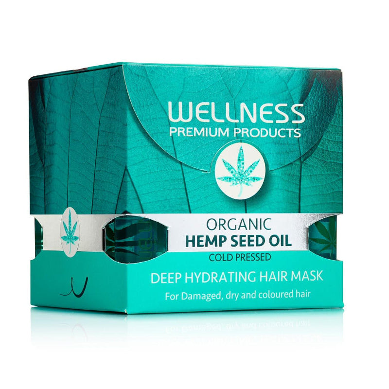 Box of Wellness Premium Products Organic Hemp Seed Oil Deep Hydrating Hair Mask on a white background