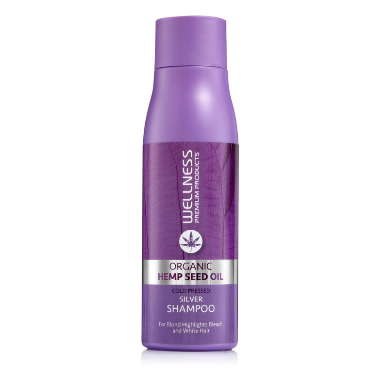 Purple shampoo bottle with 'Wellness Premium Products' branding on a white background