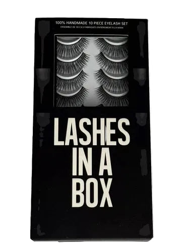Eyelash set packaging with 'Lashes in a Box' text on a black background