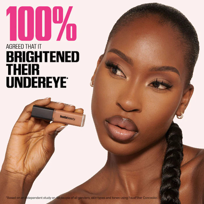 Woman holding a makeup product with text about concealer effectiveness on a beige background