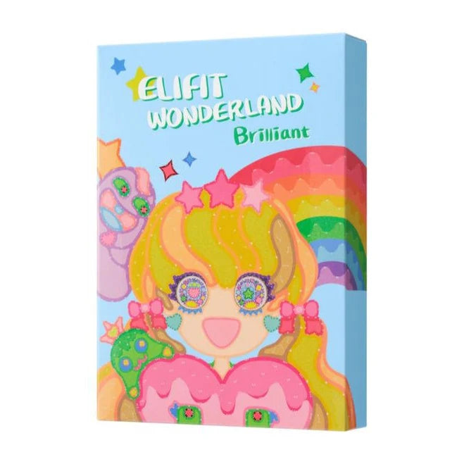 Colorful packaging with a character design and 'Eliit Wonderland Brilliant' text on a blue background