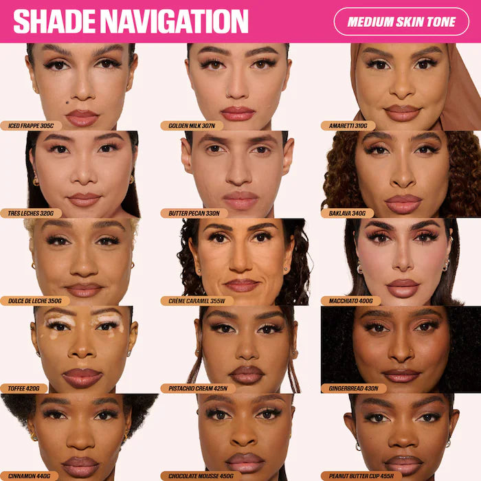 Shade navigation chart for medium skin tone with various skin tones displayed.