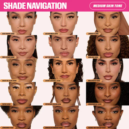 Shade navigation chart for medium skin tone with various skin tones displayed.