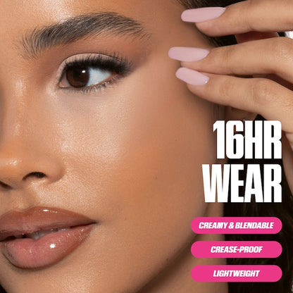 Close-up of a woman's face with makeup, highlighting '16HR Wear' features.