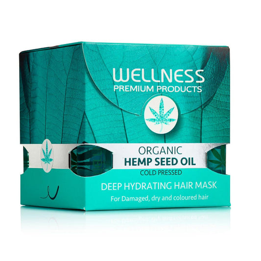 Box of Wellness Premium Products Organic Hemp Seed Oil Deep Hydrating Hair Mask on a white background