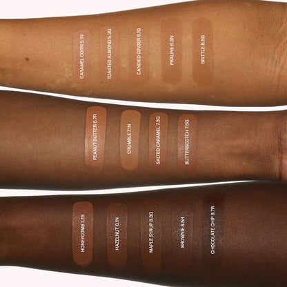 Set of brown lip balm tubes with color swatches and names on a white background