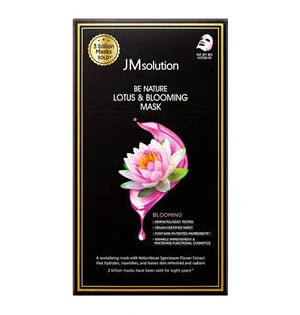 JM Solution Lotus & Blooming Mask packaging with a pink flower illustration on a black background