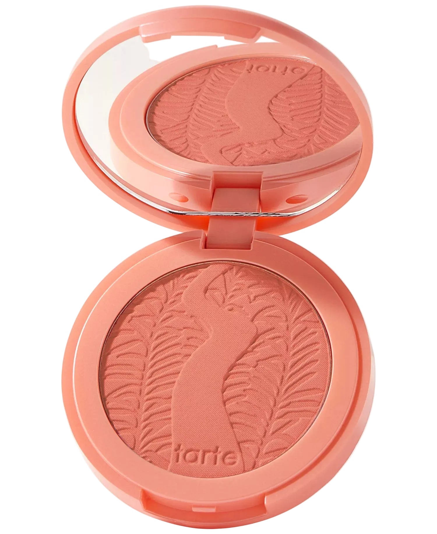 Compact blush with feather design and 'tarte' branding on a white background