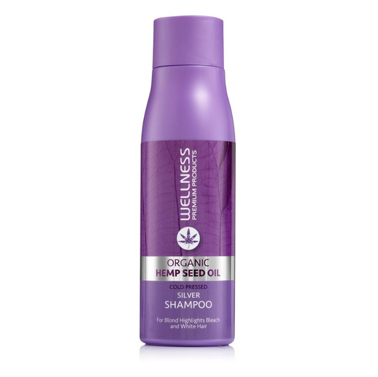 Purple shampoo bottle with 'Wellness Premium Products' branding on a white background