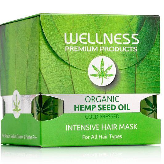 Green box of Wellness Premium Products Organic Hemp Seed Oil Intensive Hair Mask on a white background